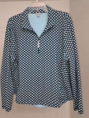 Talbots Light Blue and Navy Geometric Quarter-Zip Pullover